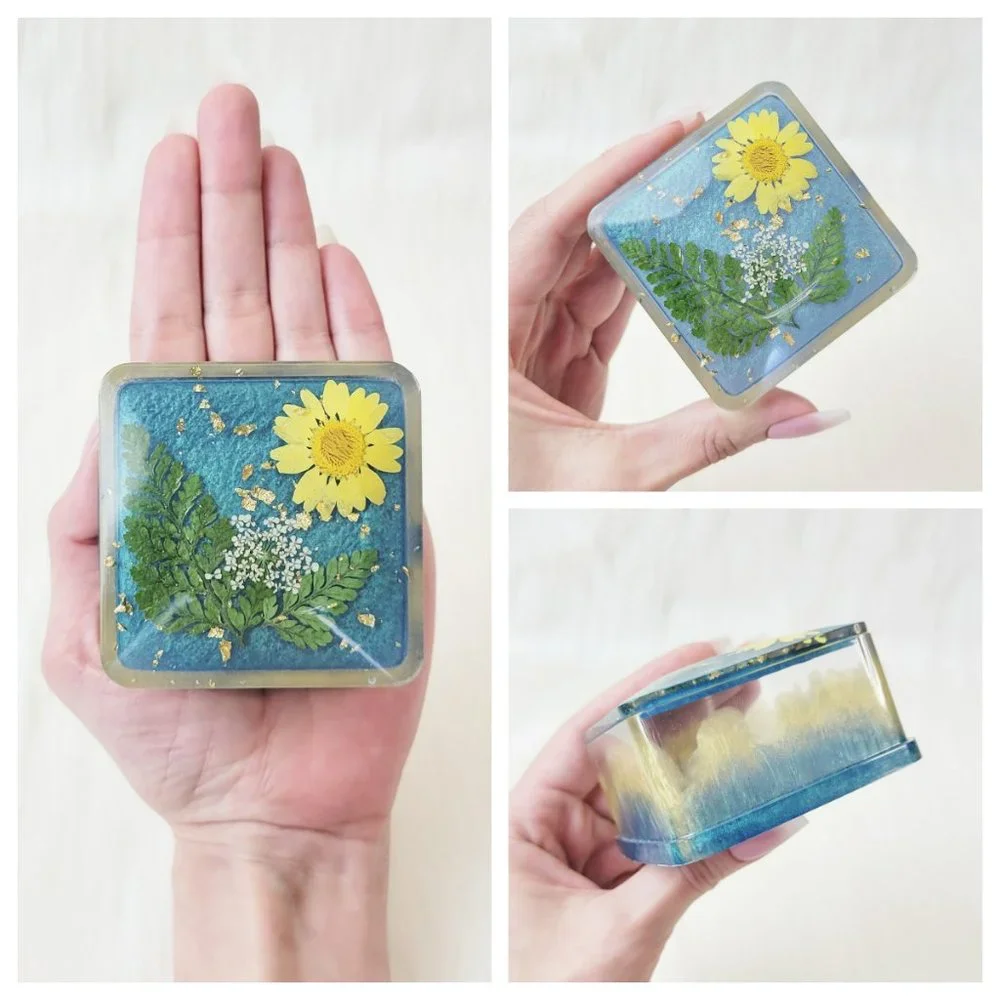 Floral Trinket Box Small Square Jewelry Box Stash Box Teal Blue Yellow Green